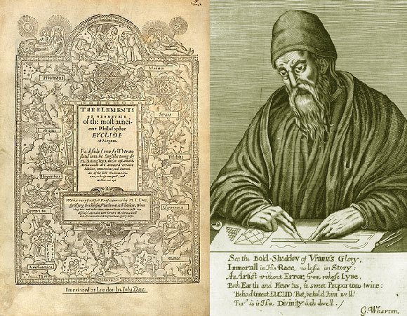 אוקלידס, ומהדורת "היסודות" שלו בתרגום לאנגלית, 1570 | מקור: Royal Astronomical Society, Science Photo Library