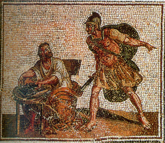 ארכימדס מסרב להתלוות לחייל הרומאי. פסיפס מהמאה ה-2 לספירה | מקור: נחלת הכלל. נסרק מהספר "Kelet-Ázsia és a klasszikus Görögország" מאת ג"מ רוברטס