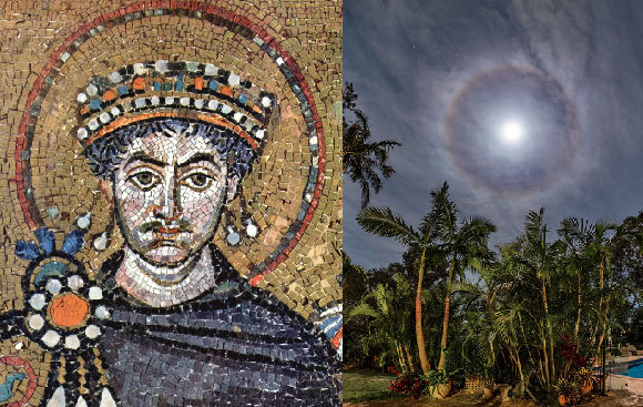 הילת הירח (מימין) והילת קדוש בפסיפס מבזיליקת סן ויטלה בעיר רוונה, איטליה |Babak Tafreshi, Science Photo Library; ויקיפדיה, Hohum 