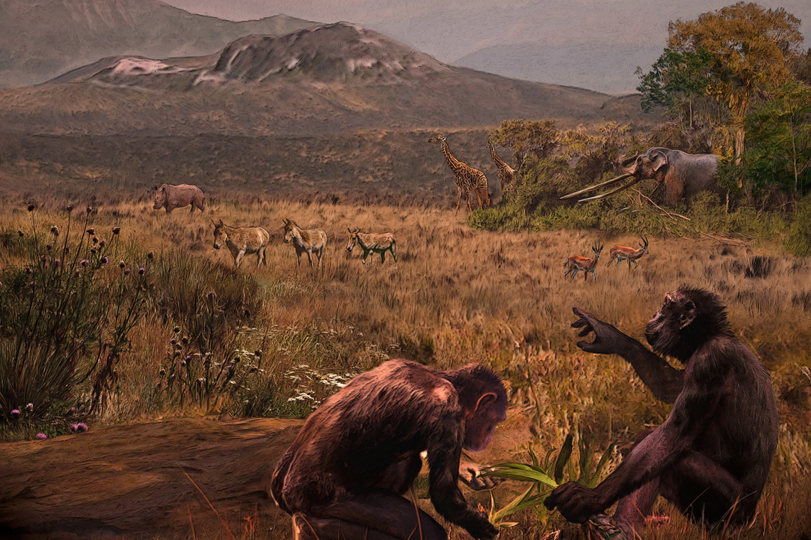 כך נראו אבות אבותינו? הדמיה של גרקופיתקוס על רקע נוף אירופי לפני כ-7 מיליון שנה | ציור: Veliza Simeonovski, עבור אונ' טורונטו