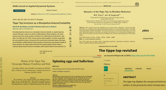 לקט צילומי מסך של מאמרים מדעיים העוסקים בפיזיקה (הסבוכה) של סביבון מתהפך וביצה מתהפכת