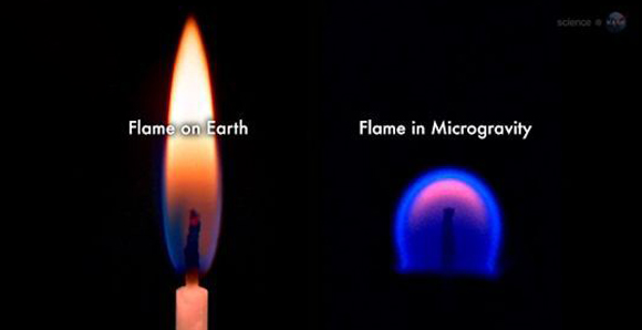 גם לכבידה יש תפקיד חשוב בעיצוב הלהבה. שלהבת נר על כדור הארץ (משמאל) ובתחנת החלל (ימין) | מקור: NASA