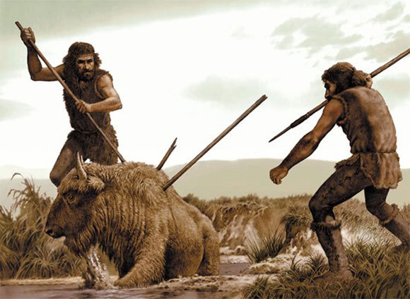 אנשים קדומים צדים ביזון עם חניתות | Raul Martin, MSF, Science Photo Library