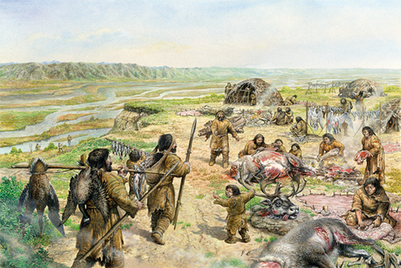 ישוב של ציידים-לקטים בנהר טננה באלסקה, לפני כ-14 אלף שנה | איור: John Sibbick / Science Photo Library