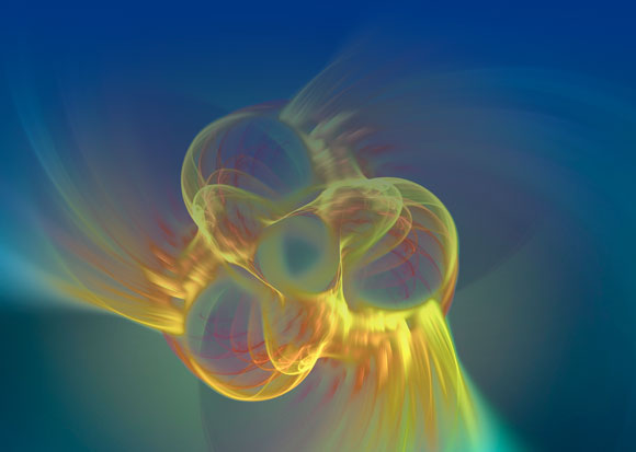 כשמתגברים על הדחייה בין הפרוטונים, הפרשי המסה מספקים אנרגיה אדירה. הדמיה של היתוך מימן | מקור: Science Photo Library