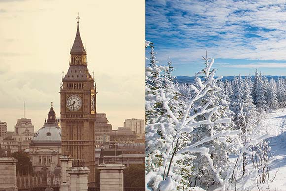 יש גורמים נוספים מלבד זווית השמש. לונדון (משמאל) נמצאת באותו קו רוחב כמו מזרח קנדה (מימין), אך הטמפרטורות שם בחורף גבוהות יותר | Shutterstock, Daniel Gale, Marc Bruxelle