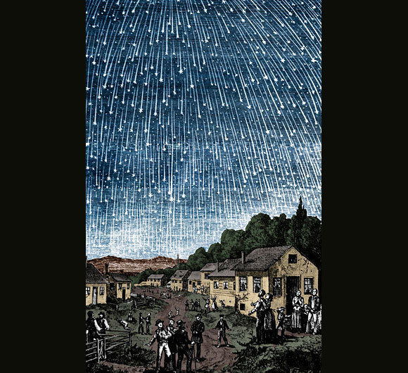 مطرٌ الأسديّات (الليئونيدات) الّذي شوهد في المدن المعتمة في جنوب الولايات المتّحدة سنة 1833. نقش أدولف ووليمي | المصدر: ويكيبيديا ، متاح للعموم.