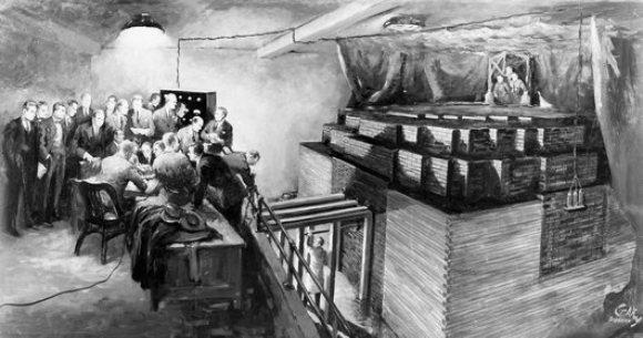 ערימת האורניום והגרפיט מתחת ליציעי האצטדיון בשיקגו שבה הפעיל פרמי את תגובת השרשרת הגרעינית | מקור: GARY SHEAHAN / US NATIONAL ARCHIVES AND RECORDS ADMINISTRATION / SCIENCE PHOTO LIBRARY