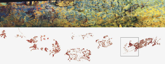 תמונה פנורמית ושרטוט של קיר המערה