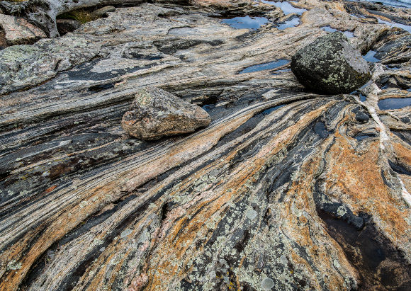 פסים שחורים ולבנים לסירוגין, שהמנגנון שיצר אותם עדיין לא ברור די הצורך. סלעי גנייס במפרץ בצפון קנדה | צילום: Shutterstock ,Gerry Bishop