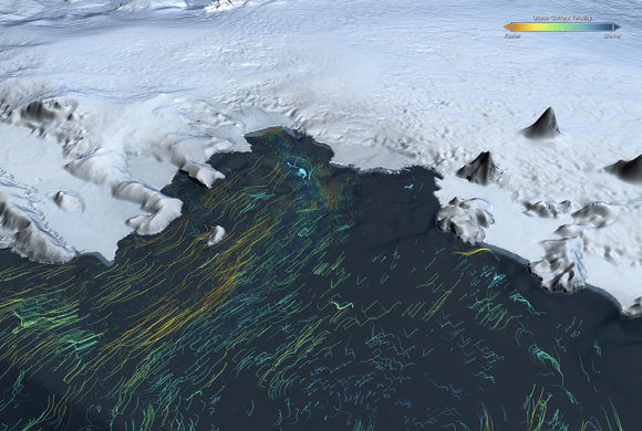 אילוסטרציה של הזרמים ליד ומתחת למדף קרח באנטארקטיקה | NASA, Goddard Space Flight Center Scientific Visualization Studio, Science Photo Library