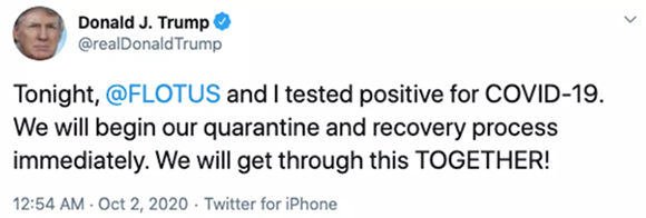 הציוץ בו דיווח דונלד טראמפ שנידבק בקורונה.