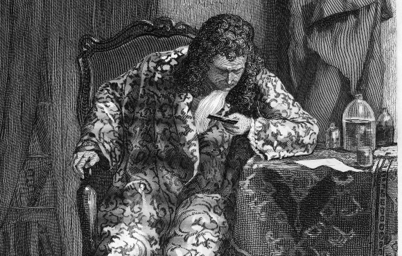 זה לא סמרטפון אלא מיקרוסקופ: ון לוונהוק, מוקף אריגים, בתצפית מדעית, איור מ-1870 | מקור: THE PRINT COLLECTOR / HERITAGE IMAGES / SCIENCE PHOTO LIBRARY