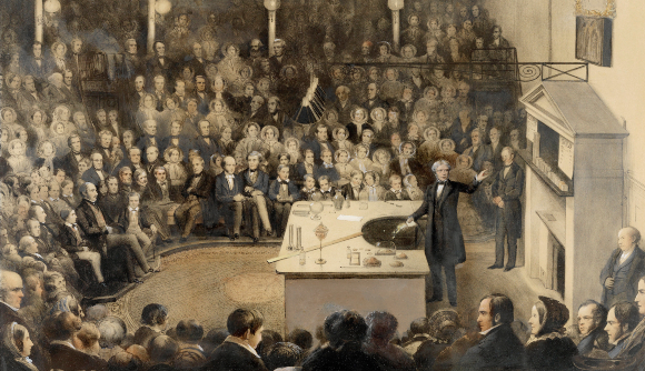 פאראדיי בהרצאת חג מולד לקהל הרחב במכון המלכותי, 1855 | מקור: ROYAL INSTITUTION OF GREAT BRITAIN / SCIENCE PHOTO LIBRARY