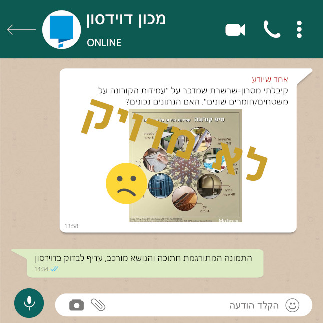 עמידות הקורונה על משטחים/חומרים שונים. למשל: 2-8 שעות על אלומיניום, 8 שעות על כפפות-מנתחים, 48 שעות על פלדה, 4 ימים על עץ, 4 ימים על זכוכית, 4-5 ימים על נייר...