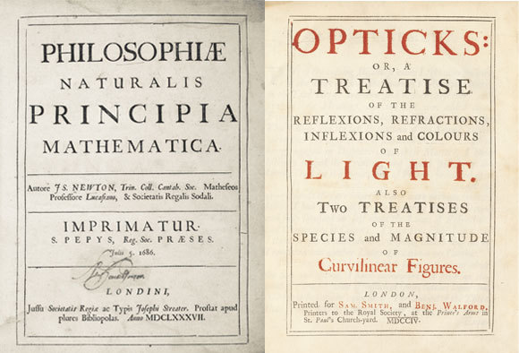 עמודי השער של ה"פרינקיפיה מתמטיקה" (משמאל) ו"אופטיקה" | מקור: LIBRARY OF CONGRESS / SCIENCE PHOTO LIBRARY