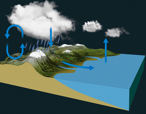 המים נעים במחזוריות מהאטמוספרה אל פני כדור הארץ ובחזרה. מחזור המים | איור: Tim Brown/Science Photo Library