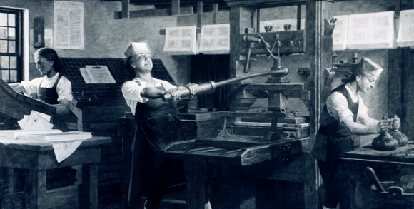 כוחה של המילה המודפסת העשיר את רוחו ואת חשבון הבנק שלו. פרנקלין בבית הדפוס | מקור: Science Photo Library