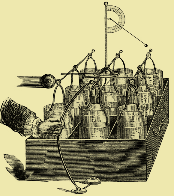 מקור המילה "סוללה": מערך צנצנות הקבלים שהעמיד פרנקלין כדי לחקור חשמל | מקור: Science Photo Library
