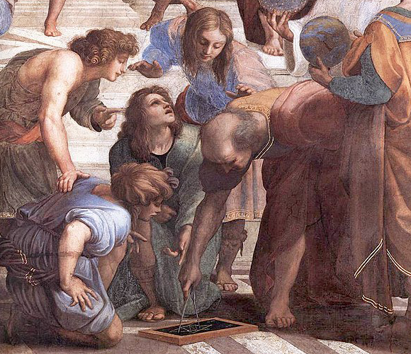 אוקלידס ותלמידיו בציור המפורסם של רפאל | מקור: ויקיפדיה, נחלת הכלל