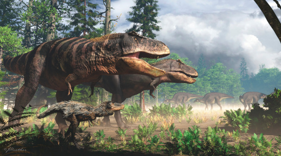 טירנוזאורוס רקס צעיר ומנוצה ושני הוריו הענקיים, מקור: spl