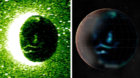 הדמייה בעיני אמן (מימין) והצילום מהספקטרומטר של הלוויין האמירתי (משמאל) של הזוהר האטמוספרי במאדים | מקור: Emirates Mars Mission