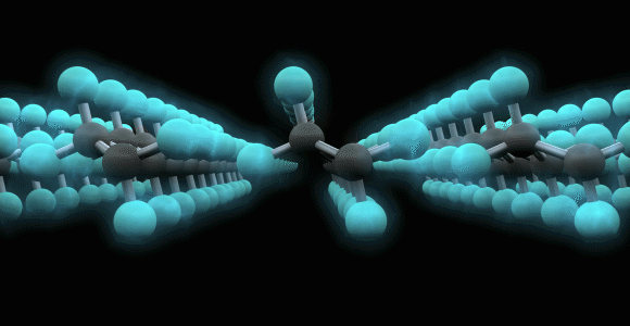 Die starke Bindung zwischen Kohlenstoff- und Fluoratomen und die gleichmäßige Verteilung der Elektronen machen Teflon zu einem inerten Stoff | Animation: Science Photo Library