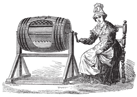 אישה חובצת חמאה בחבית עץ, איור מ-1875 | מקור: Morphart Creation, שאטרסטוק https://www.shutterstock.com/image-vector/old-engraved-illustration-woman-using-barrel-89363665