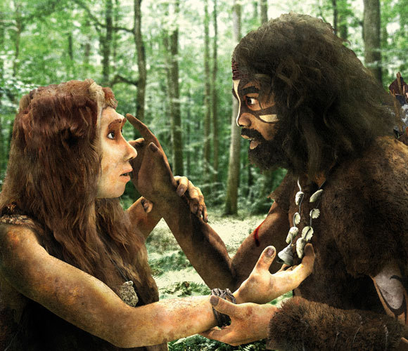 אשה ניאנדרטלית (משמאל) עם גבר מודרני | איור: GREGOIRE CIRADE / SCIENCE PHOTO LIBRARY