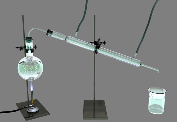 אדי המים מהבקבוק מתעבים בצינוק הקריר, והמים המזוקקים מטפטפים לצנצנת שמימין. מתקן פשוט לזיקוק מים | צילום: Shutterstock