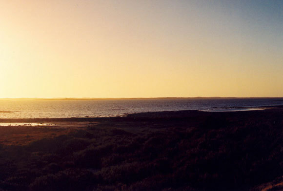 Sonnenuntergang an einem australischen Strand mit blauem Himmel rechts und gelb-orangenem links | Wikipedia, Stephen West