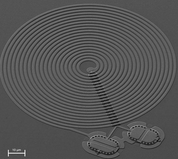מערכת הניסוי: שני התופים (בתחתית התמונה) מקבלים את גלי המיקרו דרך המתקן הספירלי | צילום: פלונט לקוק / שלומי קוטלר / NIST