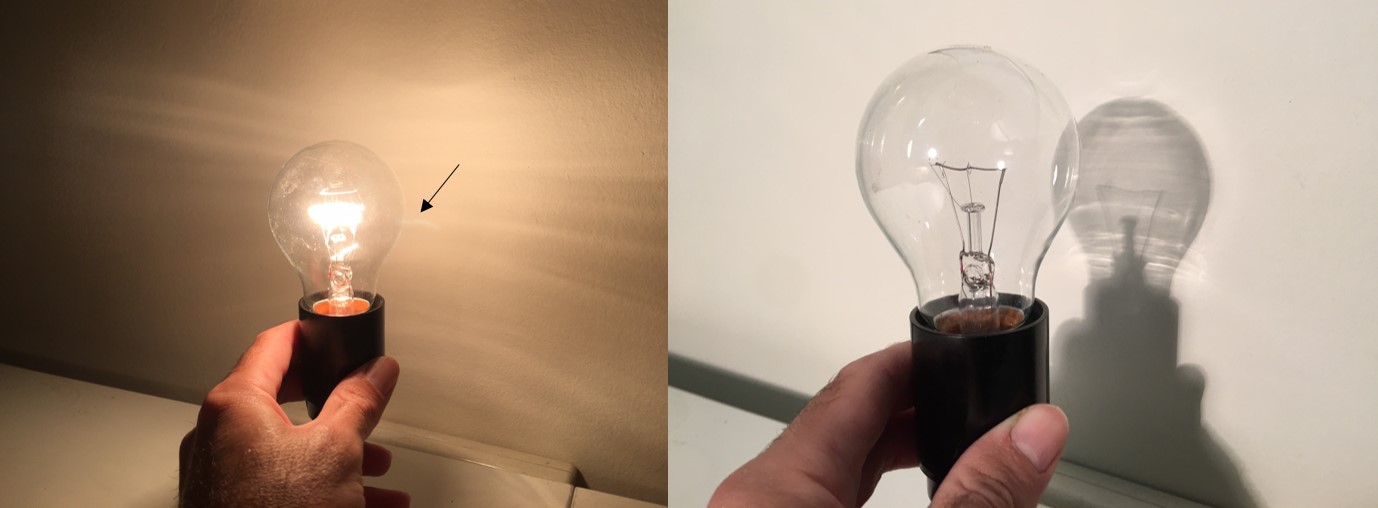 נורה לא פועלת – מטילה צל (ימין), כאשר הנורה פועלת (שמאל) – לא רואים צללים, ואפילו ניתן לראות פס אור על הקיר (מסומן בחץ), מחוט הלהט - החלק המאיר של הנורה | צילום: אבי סאייג