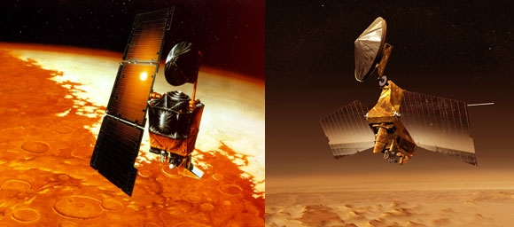 Mars Climate Orbiter (links) und Mars Reconnaissance Orbiter (rechts). Quelle: NASA