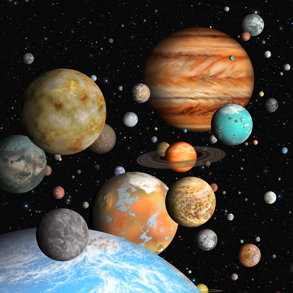 Simulationen von Planeten, die Betrachtungen durch das Kepler-Teleskop entdeckt haben. Quelle: Lynette Cook, Science Photo Library