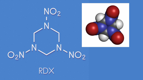 Die chemische Zusammensetzung von RDX und die Struktur des Moleküls | Illustration: StudioMolekuul, Shutterstock
