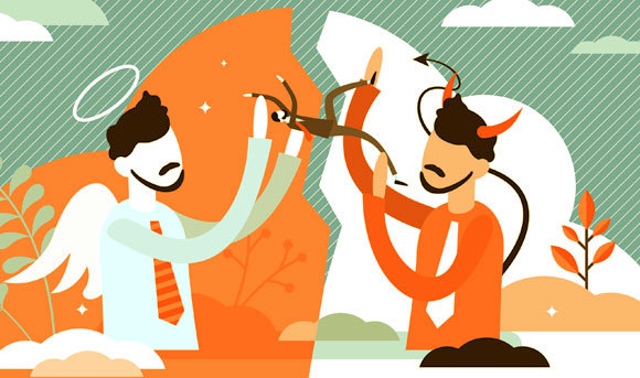 Illustration zum moralischen Dilemma, zwischen dem Teufel und dem Engel. Quelle: Shutterstock, VectorMine