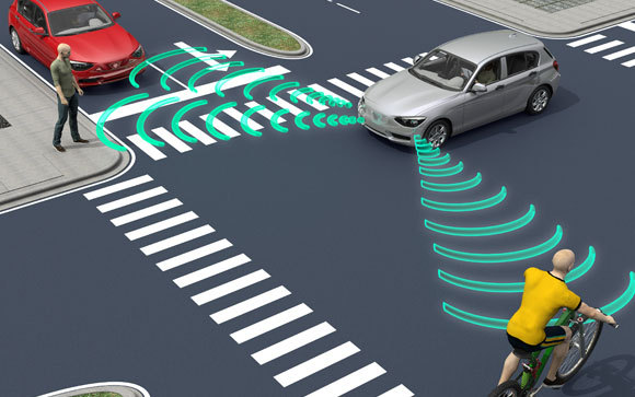 Illustration eines autonomen Autos, das auf der Straße fährt. Shutterstock, posteriori