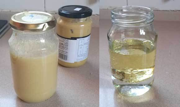 طبقة من الزّيت طافية فوق الماء (عن اليمين)، والمستحلب الّذي ينتج بعد إضافة الخردل وهزّ الخليط بشدّة | الصّور: دفنا مندلر