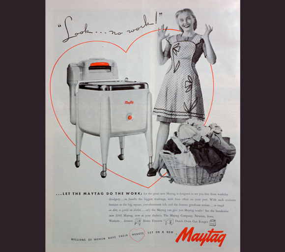 Schau ... keine Arbeit! Eine Anzeige für eine Haushaltswaschmaschine von 1946 | Quelle: The Print Collector / Heritage Images / Science Photo Library