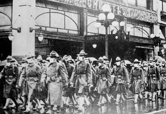 חיילים אמריקאים מתמגנים מהשפעת הספרדית. קרדיט: Science photo library