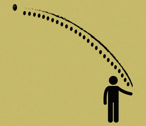 המסלול הצפוי של בומרנג באוויר, אם הכוח היחידי שהיה פועל עליו היה כוח לצד שמאל | איור: מריה גורוחובסקי