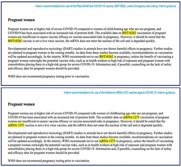 המלצות הביניים לגבי נשים בהיריון בעניין חיסון  פייזר (BNT162b2), שפורסמו ב-8 בינואר, למטה: ההמלצות בעניין חיסוני מודרנה (mRNA-1273), פורסמו ב-25 בינואר 