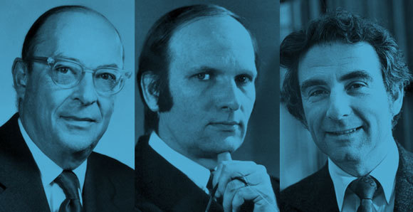 פרס נובל בפיזיקה על הסבר התיאורטי של מוליכות-על. משמאל: ג'ון ברדין, לאון קופר ורוברט שריפר | מקור: אתר פרס נובל