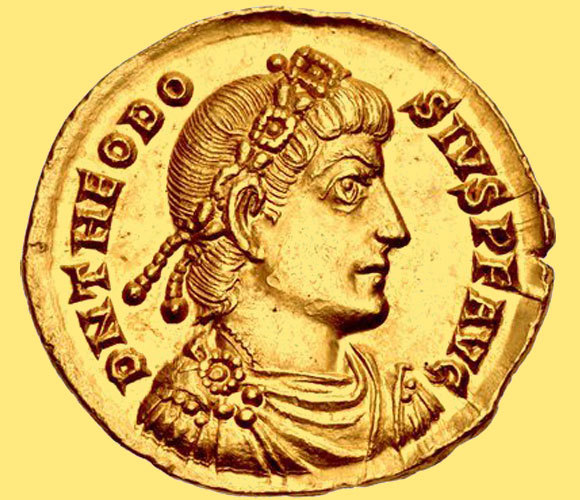 Eine römische Münze aus dem 4. Jh. mit dem Porträt des Kaisers Theodosius I. Quelle: cngcoins.com, Wikipedia