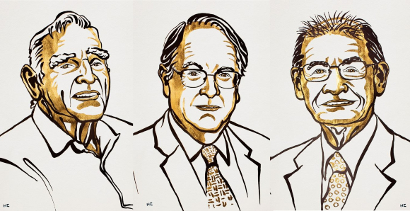 הסוללות שהניחו את הבסיס למהפכת האלקטרוניקה. משמאל: גודינאף, ויטינגהם ויושינו | איורים: אתר פרס נובל