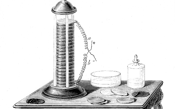 מגדל של לוחיות אבץ ונחושת איפשר את פיתוח הסוללה הראשונה. ערמה וולטאית | מקור: Science Photo Library