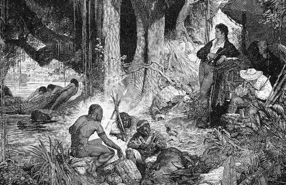 סיפורי הרפתקאות מרתקים. הומבולדט (עומד) עם בונפלאן בעת חניה על גדת נהר אורינוקו | מקור: Science Photo Library