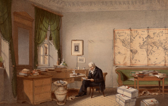 הספרים הפופולריים שכתב היו לרבי-מכר בעלי השפעה עצומה. הומבולדט בחדר עבודתו | מקור: Science Photo Library