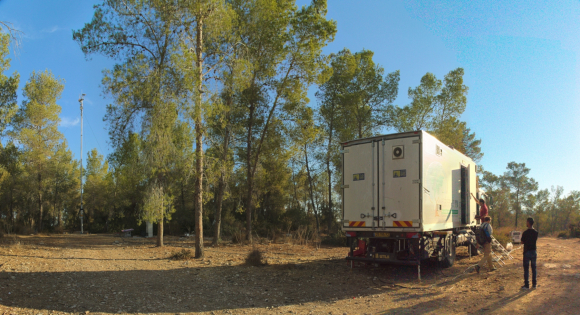 תחנת המחקר הניידת של מעבדת יקיר ביער נחושה, סמוך לבית גוברין, ב-2017 | צילום: מעבדת יקיר, מכון ויצמן למדע